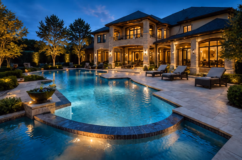 Resort-style backyard pool and spa lit at night behind a Frisco home