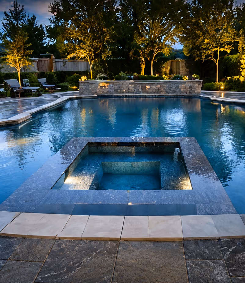 Backyard pool and raised spa lit at night in Frisco, TX