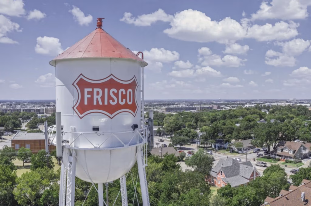 Aerial view of the Frisco, Texas water tower over the city