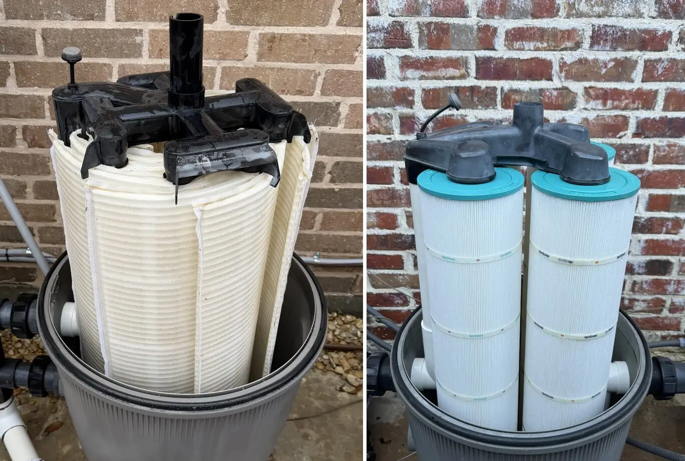 DE filter grids and cartridge filters pulled apart for cleaning against a brick wall