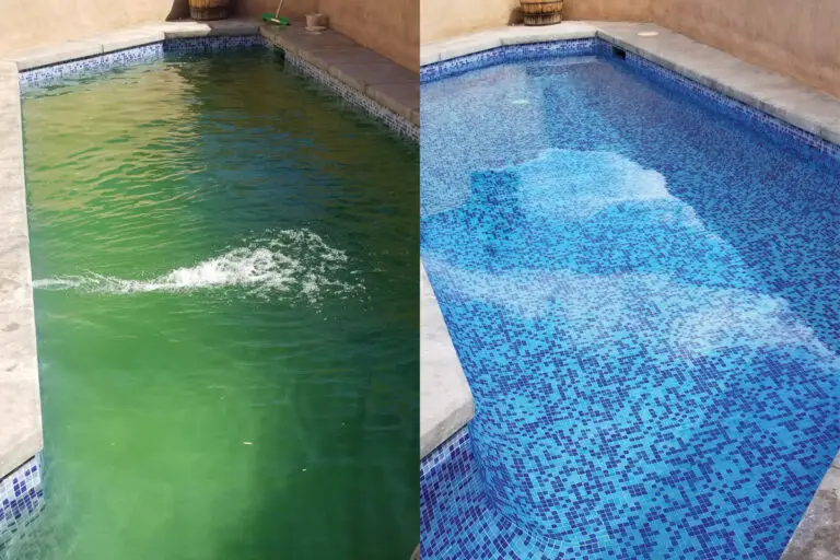 Before and after of a green pool restored to clear blue water
