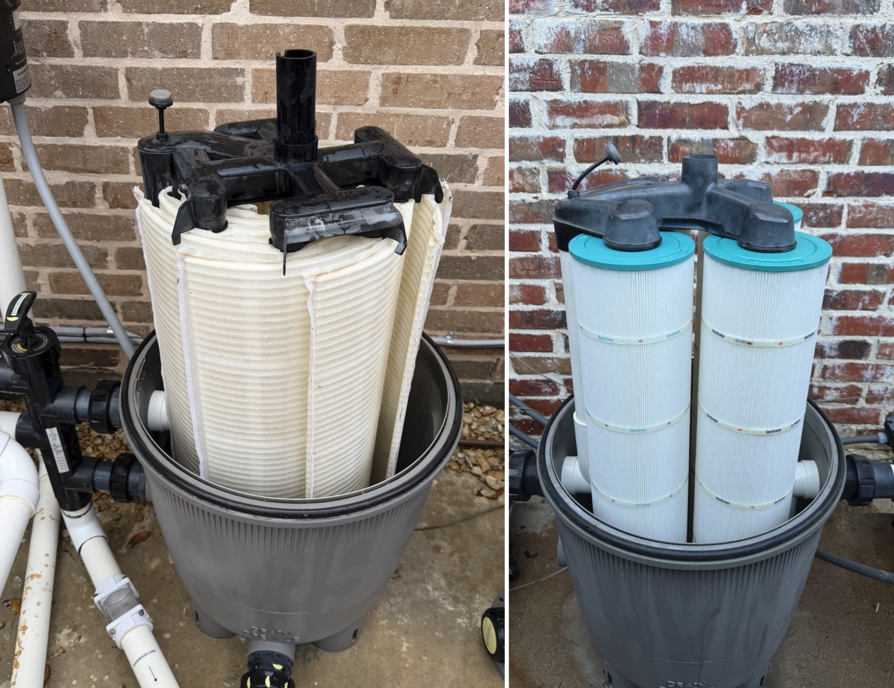 DE filter grids and cartridge filters removed for cleaning against a brick wall