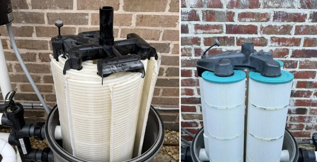 DE filter grids and cartridge filters pulled apart for cleaning against a brick wall